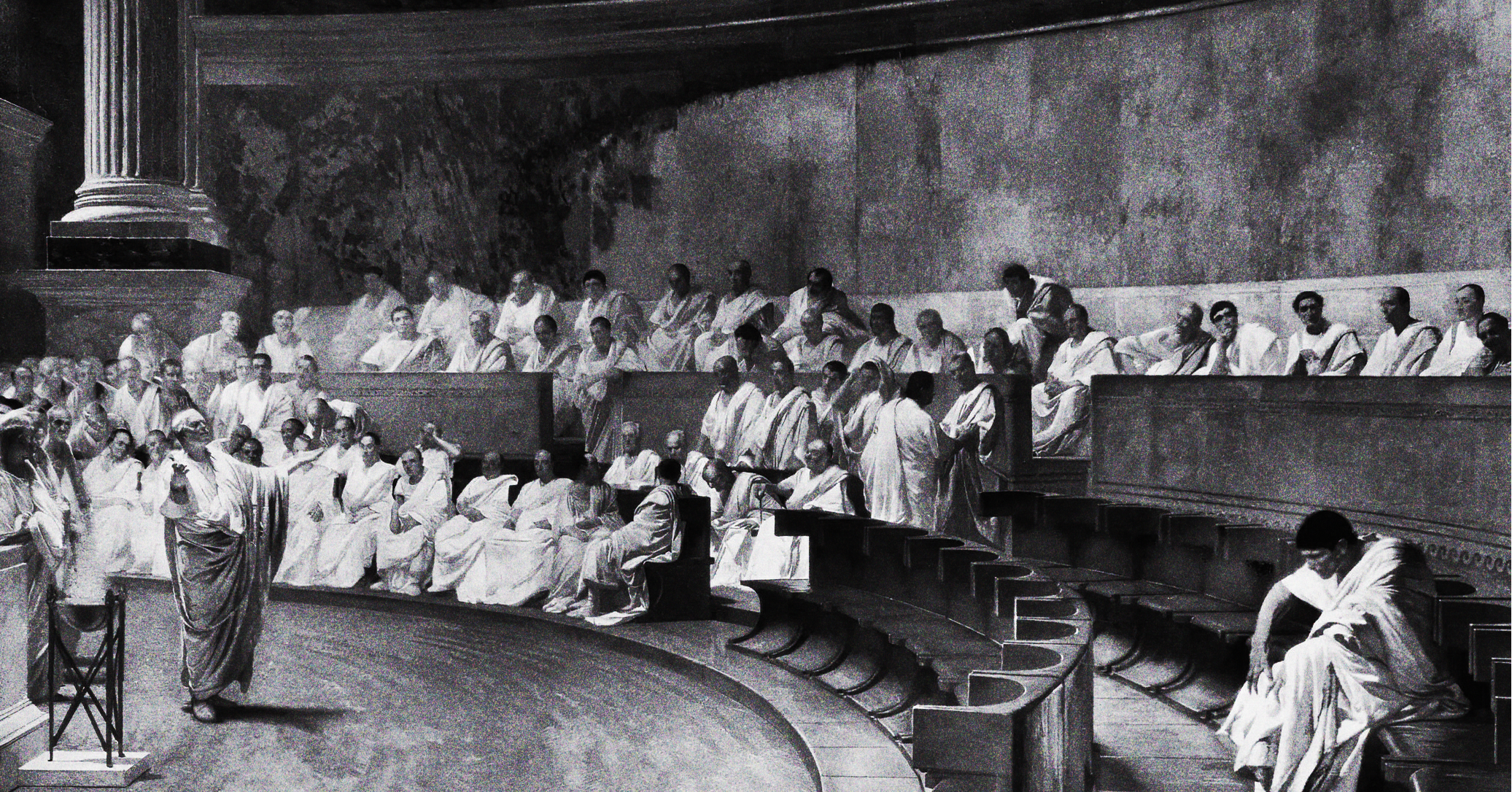 Historic courtroom with judges and legal proceedings